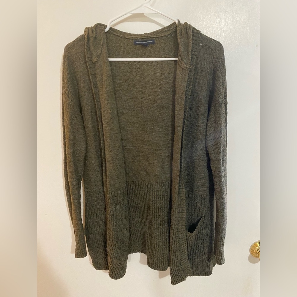 Army green hooded cardigan with pockets
